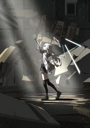  1girl absurdres ahoge arm_up black_shoes black_shorts black_socks blue_halo blue_shorts broken commentary_request english_commentary from_side halo highres indoors jacket kani_etizen03 knee_pads light_particles light_rays long_hair looking_up mecha mixed-language_commentary original over-kneehighs reaching robot scar_on_thighs shell_casing shoes shorts socks solo sunbeam sunlight thigh-highs white_eyes white_hair white_jacket 