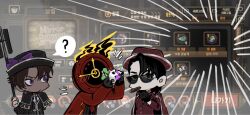  1other 2boys ? black_capelet black_gloves black_hair black_hat blush brown_hair capelet chanil_(muexlku) cigar clock coat commentary_request dante_(limbus_company) fire frilled_capelet frills gloves gold_trim hands_up hat heathcliff_(project_moon) highres holding holding_rock jacket korean_commentary limbus_company meursault_(project_moon) multiple_boys necktie object_head oufi_association_south_uniform pink_coat pink_jacket project_moon red_coat red_necktie rock speech_bubble thumb_(identity)_(project_moon) violet_eyes 
