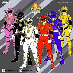  2girls 4boys arm_guards armor belt black_bodysuit black_helmet blue_bodysuit blue_helmet bodysuit commentary dino_buckler english_commentary gloves gosei_sentai_dairanger helmet highres instagram_username kiba_ranger kyouryuu_sentai_zyuranger mammoth_ranger mighty_morphin_alien_rangers mighty_morphin_black_ranger mighty_morphin_blue_ranger mighty_morphin_pink_ranger mighty_morphin_power_rangers mighty_morphin_red_ranger mighty_morphin_white_ranger mighty_morphin_yellow_ranger multiple_boys multiple_girls ninja_sentai_kakuranger pink_bodysuit pink_helmet power_rangers ptera_ranger red_bodysuit red_helmet roheemura_art shoulder_armor super_sentai sword tiger_ranger tokusatsu tricera_ranger twitter_username tyranno_ranger weapon western_comics_(style) white_bodysuit white_helmet yellow_bodysuit yellow_helmet 