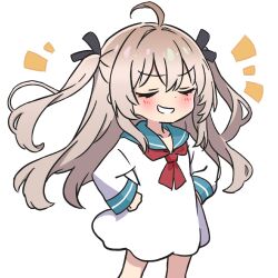  1girl :d ahoge ami_b1196260828 atri atri-my_dear_moments- black_ribbon blue_sailor_collar blush brown_hair chibi chibi_only chinese_commentary commentary_request doyagao dress feet_out_of_frame grin hair_intakes hair_ribbon hands_on_own_hips long_hair long_sleeves neckerchief notice_lines red_neckerchief ribbon sailor_collar sailor_dress sidelocks simple_background smile smug solo standing two_side_up v-shaped_eyebrows very_long_hair white_background white_dress wide_sleeves 