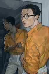  1boy absurdres aegyo_sal black_hair buttoning collared_shirt cowboy_shot disco_elysium expressionless facial_hair hair_slicked_back highres indoors kim_kitsuragi kozmoraven1610 looking_at_viewer looking_back male_focus mirror mustache_stubble orange_shirt partially_open_shirt reflection shirt shirt_tucked_in short_hair solo standing stubble 