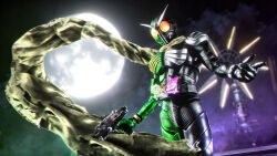  1boy absurdres adversarial_noise armor belt blurry blurry_background breastplate cityscape commentary full_moon gaia_memory glowing gun handgun helmet highres holding holding_gun holding_weapon kamen_rider kamen_rider_double kamen_rider_double_(cycloneskull) kamen_rider_w long_scarf love894anon mixed-language_commentary moon night orange_eyes outstretched_arms rider_belt scarf shoulder_armor skullmagnum solo spread_arms standing tokusatsu v-fin weapon white_scarf windmill 
