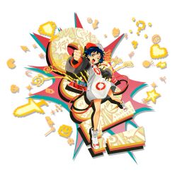  1girl arknights bare_legs blue_eyes blue_hair boots conviction_(arknights) conviction_(your_superconvicting_friend)_(arknights) dress full_body hat highres long_sleeves looking_at_viewer official_alternate_costume official_art one_eye_closed open_mouth short_hair smile solo thumbs_up tomato_(lsj44867) transparent_background white_boots 