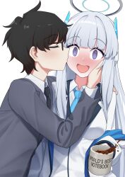  1boy 1girl @_@ black_hair black_necktie blue_archive blue_necktie blush breasts closed_eyes coffee_mug cup glasses grey_shirt halo hetero highres holding holding_cup jacket kiss large_breasts long_hair looking_at_viewer mechanical_halo mug necktie noa_(blue_archive) open_clothes open_jacket open_mouth reniacccc sensei_(blue_archive) sensei_(blue_archive_the_animation) shirt short_hair white_hair white_halo white_jacket white_shirt 