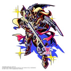  blonde_hair brown_armor brown_helmet digimon digimon_(creature) duftmon full_body helmet highres holding holding_sword holding_weapon knight long_hair red_eyes solo sparkle standing sword vh20/20 weapon white_wings wings 