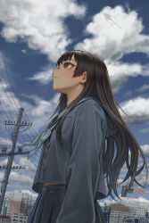  1girl absurdres black_hair blue_ribbon blue_serafuku blue_skirt cityscape clouds cloudy_sky commentary_request highres hime_cut kite long_hair looking_to_the_side midriff mole mole_on_cheek original pleated_skirt power_lines ribbon scenery school_uniform serafuku skirt sky solo traffic_light user_vvdr2237 utility_pole 