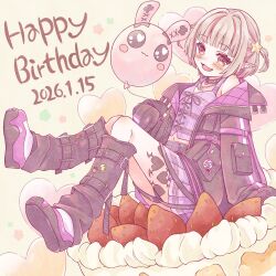  1girl 1me7nkc :3 arm_belt balloon bat_necklace belt belt_buckle black_belt black_collar black_jacket black_leg_warmers black_straps blunt_bangs blush buckle cake chain chain_necklace clothes_writing collar colored_inner_hair crop_top cross-laced_clothes cross-laced_top debitto_(makaino_ririmu) earclip flame_print food food_print from_side fruit_print full_body grey_hair hair_intakes hair_ornament happy_birthday heart heart_balloon heart_print highres holding holding_balloon jacket jewelry knees_up leg_belt leg_tattoo leg_warmers lightning_bolt_print looking_at_viewer loose_belt makaino_ririmu makaino_ririmu_(6th_costume) midriff miniskirt multicolored_hair navel necklace nijisanji no_headwear o-ring_collar on_food open_clothes open_jacket open_mouth oversized_food oversized_object pendant pink_belt pink_hair pink_jacket pink_shoes pink_skirt pink_streaks plaid_clothes plaid_skirt pleated_skirt pocket pointy_ears rabbit_balloon red_eyes shoes short_hair sitting skirt sleeves_past_fingers sleeves_past_wrists smile solo spiked_collar spikes star_(symbol) star_hair_ornament strawberry_cake strawberry_print streaked_hair tattoo thigh_strap two-sided_fabric two-sided_jacket two-tone_hair two_side_up unbuttoned unzipped virtual_youtuber winged_heart winged_heart_tattoo wolf_cut yellow_background zipper_top 