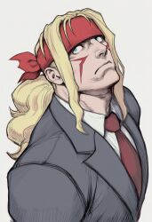  1boy alex_(street_fighter) blue_eyes collared_shirt commentary english_commentary facial_mark grey_background grey_jacket hair_intakes headband highres jacket jaydamon lapels long_hair looking_to_the_side looking_up male_focus necktie notched_lapels ponytail red_headband red_necktie shirt simple_background solo street_fighter suit_jacket upper_body white_shirt wing_collar 