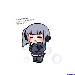  1girl black_mittens black_skirt closed_eyes commentary_request grey_hair grey_jacket grey_pants highres jacket kantai_collection kasumi_(kancolle) mittens pants pants_under_skirt radical_bullet side_ponytail skirt solo track_jacket track_pants track_suit translation_request twitter_username white_background 