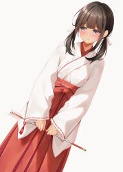  1girl arrow_(projectile) blue_eyes blush bow brown_hair closed_mouth commentary_request dutch_angle flying_sweatdrops grey_background hair_bow hakama hakama_skirt hamaya highres holding holding_arrow japanese_clothes kimono long_hair long_sleeves looking_to_the_side low_twintails miko minato_ojitan original red_hakama ribbon-trimmed_sleeves ribbon_trim simple_background skirt sleeves_past_wrists solo tan twintails white_bow white_kimono wide_sleeves 