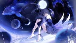  1girl absurdres bare_shoulders barefoot black_dress black_hair black_sleeves black_veil blue_eyes crescent detached_sleeves dress fish floating_hair full_moon highres indie_virtual_youtuber long_hair long_sleeves moon off-shoulder_dress off_shoulder planet see-through_clothes see-through_veil seol_(teacuppity)_(vtuber) sitting solo space szumoon veil virtual_youtuber 