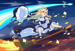  1girl apron black_shoes black_skirt blonde_hair bow braid broom broom_surfing collared_shirt commentary_request devilkillerx green_bow hair_bow hat hat_ornament highres kirisame_marisa long_hair no_headwear open_mouth orange_eyes puffy_short_sleeves puffy_sleeves shirt shoes short_sleeves side_braid single_braid skirt smile socks solo star_(symbol) star_hat_ornament touhou underbust unworn_hat unworn_headwear very_long_hair waist_apron white_apron white_shirt white_socks witch_hat 