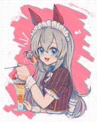  2girls ahoge animal_ears blue_eyes blush brown_shirt coco's commentary_request cropped_torso ear_covers fang food grey_hair grey_tail hair_between_eyes highres horse_ears horse_girl horse_tail long_hair multicolored_hair multiple_girls musical_note obaa-chan_(golden_retriever) oguri_cap_(umamusume) open_mouth parfait puffy_short_sleeves puffy_sleeves shirt short_sleeves smile tail tamamo_cross_(umamusume) umamusume very_long_hair white_headdress wrist_cuffs 