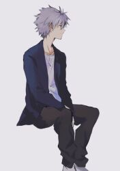  1boy black_pants blue_jacket closed_mouth feet_out_of_frame grey_background grey_hair highres invisible_chair jacket looking_to_the_side male_focus nagisa_kaworu neon_genesis_evangelion pants red_eyes shirt short_hair simple_background sitting solo white_shirt yorumi1117 