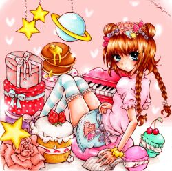  1girl :o arm_support blue_eyes blue_skirt book bow box braid brown_hair butter cake cherry commentary_request cushion double_bun flower food food-themed_hair_ornament frilled_hairband frills from_side fruit full_body gift gift_box hair_bow hair_bun hair_flower hair_ornament hairband heart heart_background heart_hair_ornament ichiha_sanami instrument jojifuku keyboard_(instrument) looking_at_viewer macaron on_cushion open_book original pancake pancake_stack parted_lips pink_background pink_flower pink_shirt purple_bow saturn_(planet) scrunchie shirt short_sleeves sitting skirt solo star_(symbol) strawberry strawberry_hair_ornament striped_clothes striped_thighhighs thigh-highs twin_braids wrist_scrunchie yellow_scrunchie yume_kawaii 
