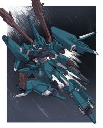  assault_visor beam_cannon border clip_studio_paint_(medium) commentary exhaust flying gundam gundam_unicorn highres holding kampen1184 making-of_available mecha mecha_focus mobile_suit no_humans outside_border purple_visor rezel rezel_(defenser_b-unit) robot science_fiction solo thrusters white_border 