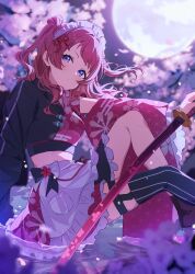  1girl apron blue_eyes blush cherry_blossoms commentary_request crop_top expressionless full_moon gakuen_idolmaster hanami_saki highres idolmaster katana kirizuki_reika long_hair looking_at_viewer maid maid_headdress moon moonlight night red_hair reflection single_thighhigh solo sword thigh-highs unconventional_maid water weapon 