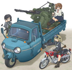  3girls adjusting_eyewear amd-65 anti-aircraft_gun assault_rifle autocycle belt black-framed_eyewear black_boots black_eyes black_gloves black_hair black_shirt black_skirt black_socks blonde_hair blouse blue_eyes boots brown_shoes car closed_mouth dress_shirt emblem frown gloves goggles goggles_on_head grey_shirt gun hair_ornament hairclip half-closed_eyes hand_on_own_hip highres honda honda_cl125 loafers logo long_sleeves looking_at_another manually-operated_mounted_gun mazda mazda_t2000 medium_hair mikeran_(mikelan) military miniskirt motor_vehicle motorcycle multiple_girls neckerchief necktie on_motorcycle on_truck open_mouth original outdoors pickup_truck pleated_skirt ponytail red_necktie revision riding rifle school_uniform serafuku shadow shirt shoes short_hair short_ponytail single_horizontal_stripe sitting skirt smile socks standing technical three-wheeler translation_request truck utility_belt vehicle_focus vz._58 weapon white_neckerchief white_shirt zpu-2 