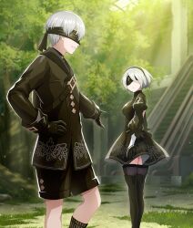  1boy 1girl 2b_(nier:automata) 9s_(nier:automata) belt black_belt black_dress black_gloves black_hairband black_jacket black_shorts black_socks black_thighhighs blindfold breasts chest_belt covered_eyes dappled_sunlight day dress escalator facing_another facing_to_the_side feet_out_of_frame game_cg gloves grass grey_hair grin hairband hand_on_own_hip indoors jacket knee_up long_sleeves medium_breasts nier:automata nier_(series) official_art outstretched_arm ruins short_hair shorts skylight smile socks sunlight thigh-highs third-party_source tile_floor tiles toji_no_miko toji_no_miko:_kizamishi_issen_no_tomoshibi tree urban 