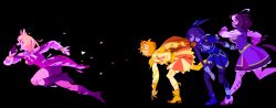  20years 4girls absurdres admire_vega_(starry_nocturne)_(umamusume) admire_vega_(umamusume) ahoge animal_ears armor bare_shoulders black_background blonde_hair boots bracelet breasts brown_hair closed_eyes crown dress from_side full_body gloves gold_armor gold_bracelet hair_between_eyes highres horse_ears horse_girl horse_tail jewelry knee_boots large_breasts long_sleeves looking_at_another medium_breasts meisho_doto_(turbulent_blue)_(umamusume) meisho_doto_(umamusume) mini_crown multicolored_hair multiple_girls narita_top_road_(the_proud_road)_(umamusume) narita_top_road_(umamusume) official_alternate_costume open_mouth orange_hair purple_boots purple_dress purple_shorts running shorts simple_background single_glove smile sweat t.m._opera_o_(o_sole_suo!)_(umamusume) t.m._opera_o_(umamusume) tail two-tone_hair umamusume umamusume:_road_to_the_top 