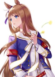  1girl akatsuki_(kuon) animal_ears armband blue_eyes blue_jacket blush bow brown_hair closed_mouth commentary_request dandelion dress ear_bow ear_ornament ear_ribbon flower grass_wonder_(stone-piercing_blue)_(umamusume) grass_wonder_(umamusume) horse_ears horse_girl jacket long_hair long_sleeves looking_to_the_side multicolored_hair sailor_collar simple_background solo umamusume white_background white_dress white_hair white_sailor_collar 