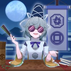  1girl absurdres book chinese_commentary commentary_request detached_sleeves devilkillerx facing_viewer folded_fan folding_fan full_moon grey_hair hand_fan hat highres holding holding_fan japanese_clothes kariginu long_hair looking_at_viewer mononobe_no_futo moon night open_mouth pom_pom_(clothes) purple-tinted_eyewear ribbon-trimmed_sleeves ribbon_trim round_eyewear smile solo sunglasses table tate_eboshi teeth tinted_eyewear touhou upper_teeth_only wide_sleeves 