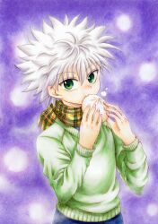  1boy commentary_request eating food green_eyes green_scarf green_sweater hair_between_eyes hunter_x_hunter ichiha_sanami killua_zoldyck long_sleeves looking_at_viewer male_focus marker_(medium) plaid_clothes plaid_scarf purple_background scarf short_hair solo steamed_bun sweater traditional_media upper_body white_hair 