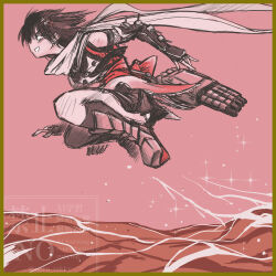  1girl asymmetrical_legwear black_gloves black_skirt black_socks black_thighhighs buttons commentary_request double-breasted fingerless_gloves gauntlets gloves highres kantai_collection kneehighs ninja orange_shirt running sendai_(kancolle) sendai_kai_ni_(kancolle) shirt short_hair single_kneehigh single_sock single_thighhigh skirt socks solo taka_two thigh-highs torpedo_launcher two_side_up ump uneven_legwear water 