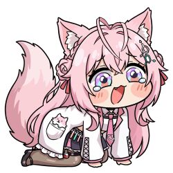  1girl :3 ahoge all_fours animal_ear_fluff animal_ears braid braided_bun chemical_structure chibi cl_oor collared_shirt commentary_request double_bun fang hair_between_eyes hair_bun hakui_koyori hakui_koyori_(1st_costume) heart hexagon_hair_ornament hololive kokoro_(hakui_koyori) korean_commentary lab_coat legband long_hair long_sleeves meme midriff necktie open_mouth pantyhose pink_hair pink_necktie pocket puffy_sleeves shirt simple_background skirt solo speakiposting_(meme) tail tears violet_eyes virtual_youtuber wolf_ears wolf_girl wolf_tail 