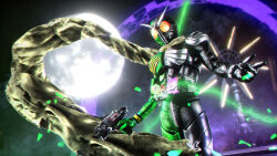  1boy absurdres adversarial_noise armor belt blurry blurry_background breastplate cityscape commentary full_moon gaia_memory glowing gun handgun helmet highres holding holding_gun holding_weapon hologram kamen_rider kamen_rider_double kamen_rider_double_(cycloneskull) kamen_rider_w long_scarf love894anon mixed-language_commentary moon night orange_eyes outstretched_arms rider_belt scarf shoulder_armor skullmagnum solo spread_arms standing tokusatsu v-fin weapon white_scarf windmill 