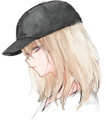 1girl absurdres bang_dream! bang_dream!_it's_mygo!!!!! baseball_cap black_hat blonde_hair closed_mouth commentary hair_between_eyes hashtag-only_commentary hat highres medium_hair miomujica misumi_uika portrait simple_background solo violet_eyes white_background 
