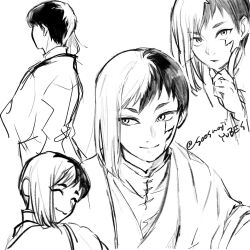  1boy asagiri_gen asymmetrical_hair closed_eyes closed_mouth commentary_request dr._stone facial_mark finger_to_cheek greyscale japanese_clothes long_sleeves looking_at_viewer looking_to_the_side male_focus monochrome multicolored_hair multiple_views short_hair simple_background sketch smile soosuajiyubesi split-color_hair twitter_username two-tone_hair white_background 