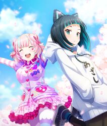  2girls :d \o/ arms_up asymmetrical_legwear bell black_choker black_hair black_pantyhose blue_hair blue_leggings blue_shoes blue_sky blue_socks blue_streaks blush bow breasts brown_leggings candy_print cherry_blossoms cherry_tree choker closed_eyes clothes_writing clouds colored_inner_hair cone_hair_bun cowboy_shot day dot_nose double_bun drawstring falling_petals food food_print frilled_skirt frills game_cg gems_company hair_bow hair_bun hair_ornament hands_in_pockets hood hood_down hoodie jacket jingle_bell jumping large_breasts leggings lens_flare long_sleeves looking_at_viewer macaron mismatched_legwear mizushina_aoi momomaru_nekuto multicolored_hair multicolored_leggings multiple_girls neck_bell official_art open_mouth outdoors outstretched_arms pantyhose parted_lips petals pink_bow pink_hair pink_petals pink_skirt print_jacket purple_jacket round_teeth shoes short_hair skirt sky smile sneakers socks streaked_hair striped_sleeves teeth third-party_source toji_no_miko toji_no_miko:_kizamishi_issen_no_tomoshibi translated upper_teeth_only virtual_youtuber white_hoodie white_leggings 