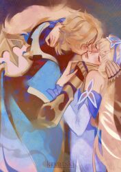  1boy 1girl arm_around_neck artist_name bare_shoulders blonde_hair closed_eyes closed_mouth coat couple detached_sleeves dress fine_art_parody fingerless_gloves gauntlets genshin_impact gloves hand_on_another's_cheek hand_on_another's_face hand_on_another's_hand hand_on_another's_neck hat height_difference hetero highres kiss kkryatski leaning_forward lips long_hair nicole_reeyn parody short_hair the_kiss varka_(genshin_impact) very_long_hair 