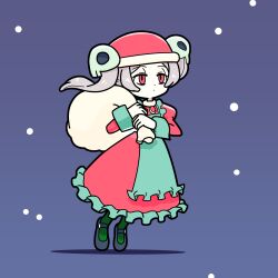  1girl absurdres apron bags_under_eyes bloody_marie_(skullgirls) blue_background brooch christmas dress frilled_dress frills full_body fur_collar grey_hair hair_ornament half-closed_eyes hat highres holding holding_sack jewelry kuroirozuki long_hair long_sleeves maid mary_janes pantyhose red_eyes sack santa_hat shoes skull_hair_ornament skullgirls snowing solo twintails 