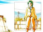 green_hair hatsuseno_alpha necktie outside_of_border power_lines purple_eyes sitting solo wallpaper yokohama_kaidashi_kikou 