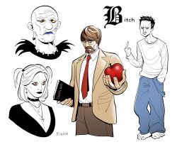  1girl 3boys amane_misa amane_misa_(cosplay) apple artist_name baggy_pants bald barefoot beard black_hair blue_eyes blue_lips blue_pants breaking_bad breasts brown_hair brown_jacket brown_pants clenched_teeth collared_shirt colored_sclera commentary cosplay cropped_legs cropped_shoulders cross cross_earrings cross_necklace death_note death_note_(object) denim dress_pants dress_shirt earrings english_commentary english_text facial_hair feet findoworld food fruit full_body glasses heart heart_earrings highres holding holding_food holding_fruit jacket jeans jesse_pinkman jewelry l_(death_note) l_(death_note)_(cosplay) large_breasts lipstick long_sleeves looking_at_viewer makeup middle_finger mike_ehrmantraut multiple_boys mustache necklace necktie open_clothes open_jacket outstretched_arm pants profanity red_eyes red_necktie ryuk ryuk_(cosplay) shirt short_hair simple_background skyler_white spot_color standing studded_choker suit suit_jacket teeth toes two_side_up walter_white white_background white_shirt yagami_light yagami_light_(cosplay) yellow_sclera 
