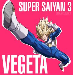  1boy absurdres armor art_jake blue_bodysuit bodysuit boots clenched_hands clenched_teeth dragon_ball dragon_ball_daima full_body gloves green_eyes highres kicking long_hair no_eyebrows pink_background saiyan_armor simple_background solo spiky_hair super_saiyan super_saiyan_3 teeth vegeta white_armor white_boots white_gloves 