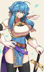  1girl absurdres ahoge armor armpits belt blue_hair blue_tunic breastplate breasts brooch commentary commission commissioner_upload elbow_gloves english_commentary fire_emblem fire_emblem:_genealogy_of_the_holy_war gloves grin hand_on_own_hip headband highres holding holding_sword holding_weapon jewelry looking_at_viewer medium_breasts original pelvic_curtain popped_collar ryo_yo_shi sash selia_(mrtalkingdino) sheath sheathed short_hair shoulder_armor sidelocks simple_background skeb_commission skindentation sleeveless smile solo standing sword thick_thighs thigh-highs thighs tomboy tunic violet_eyes weapon white_headband 