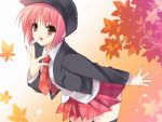  akino_momiji brown_eyes hat leaves pink_hair sakura_musubi short_hair skirt smile solo suzuhira_hiro thigh-highs uniform 