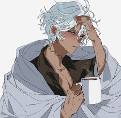  1boy arms_up bare_pectorals black_shirt blanket blue_eyes blush closed_mouth coffee_mug collarbone commentary cup dark-skinned_male dark_skin genshin_impact hand_on_own_head highres holding holding_cup ifa_(genshin_impact) looking_to_the_side male_focus mug open_clothes open_shirt parted_hair pectorals penzi_(mok_pen) shirt sideways_glance simple_background solo symbol-only_commentary upper_body white_background white_blanket white_hair 