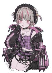  1girl :p akanbe alternate_headwear arm_belt bat_necklace belt belt_buckle black_belt black_collar black_gloves black_headdress black_jacket black_leg_warmers black_ribbon black_straps blunt_bangs blush breasts buckle chain chain_necklace clothes_writing collar collarbone colored_inner_hair commentary_request crop_top cross-laced_clothes cross-laced_top earclip eyelid_pull fang fingerless_gloves full_body gloves grey_hair hair_intakes hair_ornament hair_ribbon highres inuuuu_un jacket jewelry leg_tattoo leg_warmers looking_at_viewer loose_belt maid_headdress makaino_ririmu makaino_ririmu_(6th_costume) midriff miniskirt multicolored_hair multiple_belts navel necklace nijisanji o-ring o-ring_collar o-ring_thigh_strap open_clothes open_jacket pendant pink_belt pink_hair pink_jacket pink_skirt pink_streaks plaid_clothes plaid_skirt pleated_skirt pocket pointy_ears red_eyes ribbon short_hair simple_background sitting skin_fang skirt sleeves_past_fingers sleeves_past_wrists small_breasts solo spiked_collar spikes star_(symbol) star_hair_ornament streaked_hair studded_belt tattoo thigh_strap tongue tongue_out twitter_username two-sided_fabric two-sided_jacket two-tone_hair two_side_up unbuttoned unzipped upturned_eyes v-shaped_eyebrows virtual_youtuber wariza white_background winged_heart winged_heart_tattoo wolf_cut 