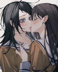  2girls bang_dream! bang_dream!_it's_mygo!!!!! black_hair blackfangs blue_eyes blush closed_eyes clothes_grab collarbone commentary hanasakigawa_school_uniform highres long_hair long_sleeves messy_hair multiple_girls parted_lips sailor_collar school_uniform shiina_taki symbol-only_commentary upper_body white_sailor_collar yahata_umiri yuri 