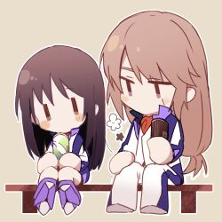  1boy 1girl absurdres alvis_uniform bench black_hair brother_and_sister brown_background brown_hair can chibi chibi_only commentary_request drink_can high_collar highres holding holding_can long_hair low-tied_long_hair minashiro_soushi minashiro_tsubaki no_mouth on_bench outline scar scar_across_eye scar_on_face siblings simple_background sitting soukyuu_no_fafner uofish29 white_outline wooden_bench 