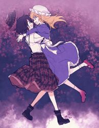  2girls :d alternate_costume black_boots black_eyes black_hair blonde_hair boots bow carrying carrying_person collared_dress commentary dress frilled_dress frills hand_on_another's_back hat hug jumping long_hair long_sleeves looking_at_another maribel_hearn mob_cap multiple_girls open_mouth plaid_clothes plaid_hat plaid_skirt purple_dress re_ghotion red_shoes sash shirt shirt_tucked_in shoes short_hair sketch skirt sleeve_cuffs sleeve_garter smile socks standing suspender_skirt suspenders touhou unworn_headwear usami_renko white_bow white_hat white_sash white_shirt white_socks yuri 