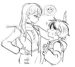  1boy 1girl against_wall assertive_female baby_animal buttons cactuskhee choker collarbone dog earrings glasses hand_on_wall hood hoodie jacket jewelry long_hair looking_at_another looking_down monochrome nervous_sweating puppy shizuhara_hiruko short_male simple_background size_difference skirt speech_bubble sumino_takumi sweat tall_female the_hundred_line_-last_defense_academy- thought_bubble 