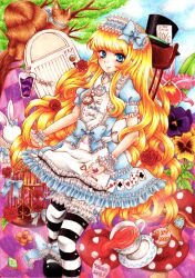  1girl alice's_adventures_in_wonderland alice_(alice_in_wonderland) birdcage black_hat black_shoes blonde_hair bloomers blue_bow blue_dress blue_eyes blue_hair bow cage card chair cheshire_cat_(alice_in_wonderland) closed_mouth clouds commentary_request cookie cup day door dress drink_me_potion flower food frilled_dress frilled_wrist_cuffs frills hair_bow hair_flower hair_ornament hairband hat holding holding_key ichiha_sanami jewelry key lolita_fashion lolita_hairband long_hair long_sidelocks marker_(medium) mushroom necklace outdoors pantyhose pink_flower playing_card puffy_short_sleeves puffy_sleeves purple_flower rabbit red_flower red_rose ring rose saucer shoes short_sleeves sidelocks sky smile solo striped_clothes striped_pantyhose swept_bangs tea teacup top_hat traditional_media tree unworn_hat unworn_headwear very_long_hair wavy_hair white_wrist_cuffs wooden_chair wrist_cuffs yellow_flower 