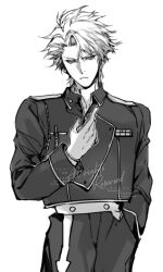  1boy amestris_military_uniform bleach commentary cowboy_shot frown fullmetal_alchemist gloves green_eyes greyscale hitsugaya_toushirou hitsugaya_toushirou_(adult) hitsuran99 jacket male_focus military_uniform monochrome pants serious solo spot_color watermark 
