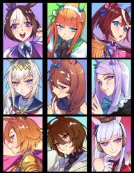  6+girls agnes_tachyon_(tach-nology)_(umamusume) agnes_tachyon_(umamusume) ahoge animal_ears armor ascot black_gloves black_jacket black_necktie blue_dress blue_eyes blue_sailor_collar blue_scarf blunt_bangs blush bow bowtie braid breasts brooch brown_hair cape closed_mouth coat commentary crown dress ear_bow ear_covers ear_ornament ear_ribbon english_commentary enosst epaulettes frilled_coat frilled_jacket frills gloves gold_ship_(red_strife)_(umamusume) gold_ship_(umamusume) green_sailor_collar grey_hair hair_between_eyes hair_ornament hairband hat highres hime_cut horse_ears horse_girl jacket jewelry lab_coat long_hair long_sleeves looking_at_viewer mejiro_mcqueen_(frontline_elegance)_(umamusume) mejiro_mcqueen_(umamusume) mini_crown multicolored_hair multicolored_jacket multiple_girls neckerchief necktie oguri_cap_(starlight_beat)_(umamusume) oguri_cap_(umamusume) open_mouth orange_hair pillbox_hat pink_ascot pink_cape pink_crown ponytail portrait purple_bow purple_hair purple_ribbon purple_vest red_bow red_bowtie red_dress red_neckerchief ribbon sailor_collar scarf shirt short_hair shoulder_armor silence_suzuka_(innocent_silence)_(umamusume) silence_suzuka_(umamusume) single_epaulette sleeveless sleeveless_dress sleeves_past_fingers sleeves_past_wrists smile special_week_(special_dreamer)_(umamusume) special_week_(umamusume) star_brooch streaked_hair super_creek_(murmuring_stream)_(umamusume) super_creek_(umamusume) sweater sweater_vest t.m._opera_o_(o_sole_suo!)_(umamusume) t.m._opera_o_(umamusume) teeth tokai_teio_(peak_joy)_(umamusume) tokai_teio_(umamusume) two-tone_hair two-tone_jacket umamusume vest violet_eyes white_coat white_hair white_hairband white_jacket white_shirt yellow_sweater yellow_sweater_vest 
