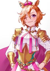  1girl akatsuki_(kuon) animal_ears armor blush breasts cape closed_mouth commentary_request crown gloves gold_corset hair_between_eyes horse_ears horse_girl jewelry long_sleeves looking_at_viewer medium_breasts mini_crown multiple_rings one_eye_closed orange_hair pink_cape pink_crown ring shirt short_hair shoulder_armor simple_background single_glove skirt smile solo t.m._opera_o_(o_sole_suo!)_(umamusume) t.m._opera_o_(umamusume) two-tone_skirt umamusume violet_eyes white_background white_gloves white_shirt 